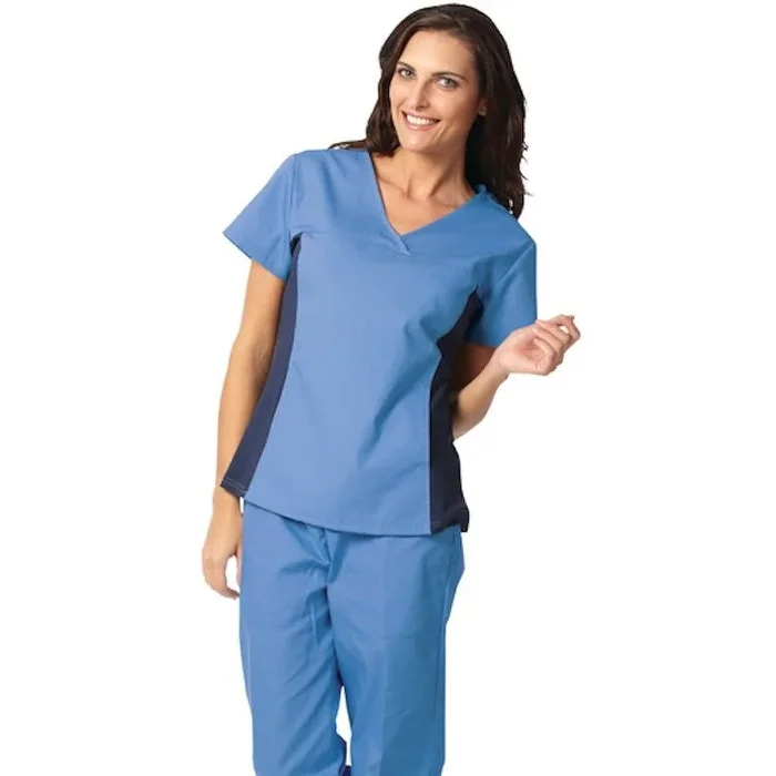 Fashion Seal Uniforms Scrub Shirt Small Ceil Blue / Navy 1 Pocket Short Set-In Sleeves Female – 7541-S