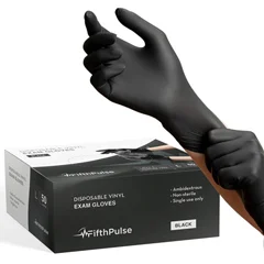 FifthPulse Vinyl Exam Latex Free & Powder Free Gloves, Black, Large, 50/Box