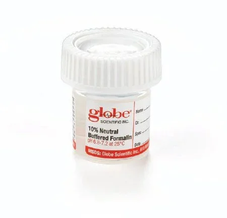 Globe Scientific Click-It Prefilled Formalin Container 38 X 44 mm Polypropylene Patient Information Screw Cap 10 mL Fill in 20 mL (0.67 oz.) NonSterile – 6518FL