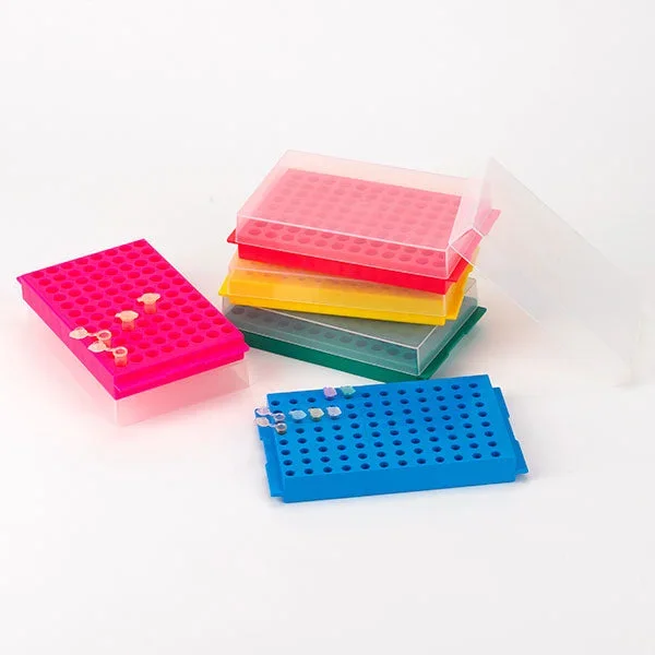Globe Scientific Microcentrifuge Tubes Microcentrifuge Tube Rack 96 Place 1.5 mL – 2 mL Tube Size, Reverse Side 0.2 mL – 0.5 mL Tube Size Blue 1-4/5 X 5-2/5 X 8-3/4 Inch – 456355B
