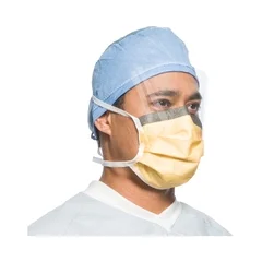 Halyard Surgical Mask with Eye Shield FluidShield Anti-fog Foam Pleated Tie Closure One Size Fits Most Orange NonSterile ASTM Level 3, 100 EA/CS