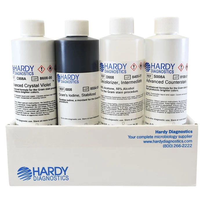 Hardy Diagnostics Gram Stain Kit, Advanced with Stabilized Iodine 8 oz 4/bottles GK400A