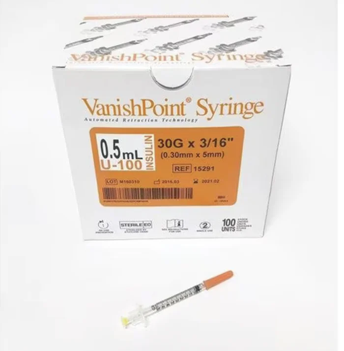 Hypodermic Syringe/Needle 30gx5/16″ 0.5mL Safety Device No Dead Space 100/Bx