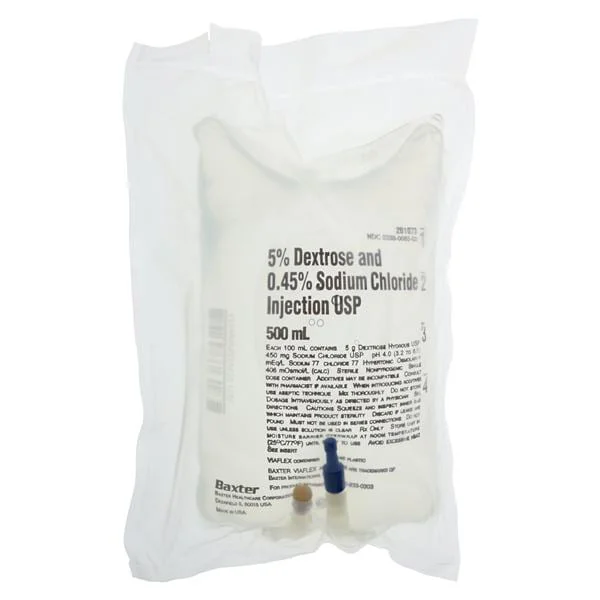 IV Injection Solution Dextrose 5%/Sodium Chloride 0.45% 500mL Vflx Cntnr EA, 24/Case
