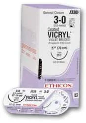 J & J Healthcare Systems Coated Vicryl Suture with Needle Absorbable Coated Undyed Suture Braided Polyglactin 910 Size 0 27 Inch Suture 1-Needle 26 mm Length 1/2 Circle Taper Point Needle – J418H