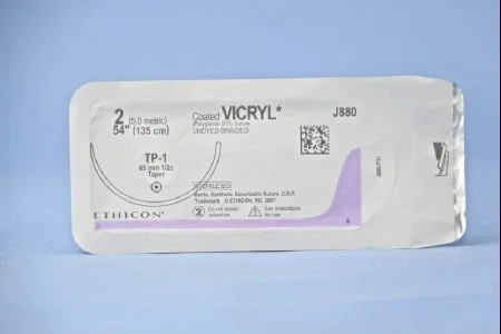 J & J Healthcare Systems Coated Vicryl Suture with Needle Absorbable Coated Undyed Suture Braided Polyglactin 910 Size 2 54 Inch Suture 1-Needle 65 mm Length 1/2 Circle Taper Point Needle – J880T