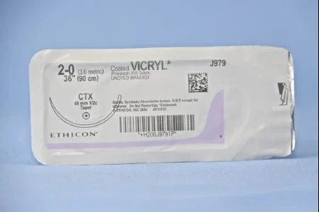 J & J Healthcare Systems Coated Vicryl Suture with Needle Absorbable Coated Undyed Suture Braided Polyglactin 910 Size 2-0 36 Inch Suture 1-Needle 48 mm Length 1/2 Circle Taper Point Needle – J979H