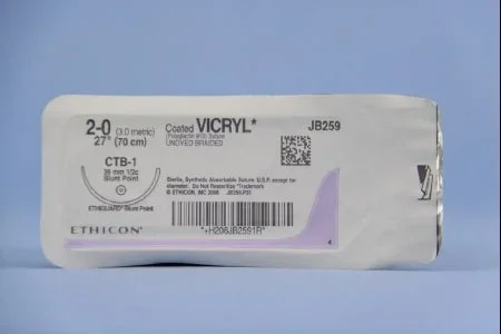 J & J Healthcare Systems Coated Vicryl Suture with Needle Absorbable Coated Undyed Suture Braided Polyglactin 910 Size 2-0 27 Inch Suture 1-Needle 36.4 mm Length 1/2 Circle Blunt Point Needle – JB259