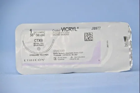 J & J Healthcare Systems Coated Vicryl Suture with Needle Absorbable Coated Undyed Suture Braided Polyglactin 910 Size 1 36 Inch Suture 1-Needle 48 mm Length 1/2 Circle Blunt Point Needle – JB977