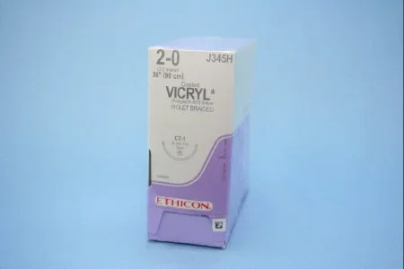 J & J Healthcare Systems Coated Vicryl Suture with Needle Absorbable Coated Violet Suture Braided Polyglactin 910 Size 2-0 36 Inch Suture 1-Needle 36 mm Length 1/2 Circle Taper Point Needle – J345H