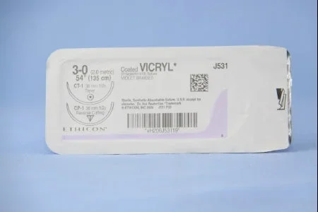 J & J Healthcare Systems Coated Vicryl Suture with Needle Absorbable Coated Violet Suture Braided Polyglactin 910 Size 3-0 54 Inch Suture Double-Armed 36 mm Length 1/2 Circle Taper Point Needle – J531H