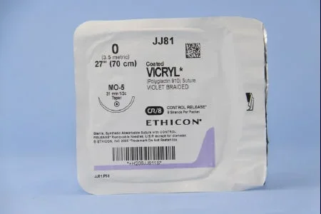 J & J Healthcare Systems Coated Vicryl Suture with Needle Absorbable Coated Violet Suture Braided Polyglactin 910 Size 0 27 Inch Suture 1-Needle 31 mm Length 1/2 Circle Taper Point Needle – JJ81G