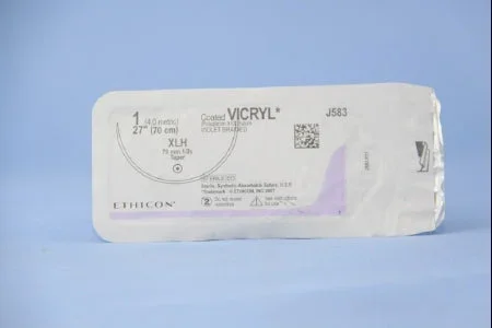 J & J Healthcare Systems Coated Vicryl Suture with Needle Absorbable Coated Violet Suture Braided Polyglactin 910 Size 1 27 Inch Suture 1-Needle 70 mm Length 1/2 Circle Taper Point Needle – J583G