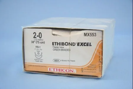 J & J Healthcare Systems Ethibond Suture with Needle Nonabsorbable Coated Green Suture Braided Polyester Size 2-0 30 Inch Suture Double-Armed 17 mm Length 1/2 Circle Taper Point Needle – X553