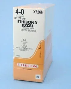 J & J Healthcare Systems Ethibond Suture with Needle Nonabsorbable Coated Green Suture Braided Polyester Size 4-0 30 Inch Suture Double-Armed 13 mm Length 3/8 Circle Taper Point Needle – X726H