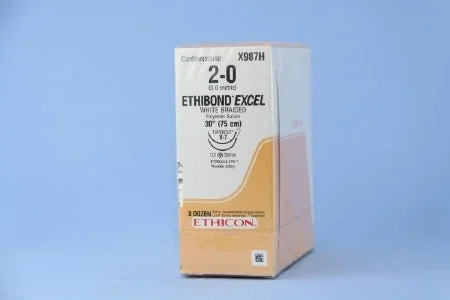 J & J Healthcare Systems Ethibond Suture with Needle Nonabsorbable Coated White Suture Braided Polyester Size 2-0 30 Inch Suture Double-Armed 26 mm Length 1/2 Circle Taper Cut Needle – X987H