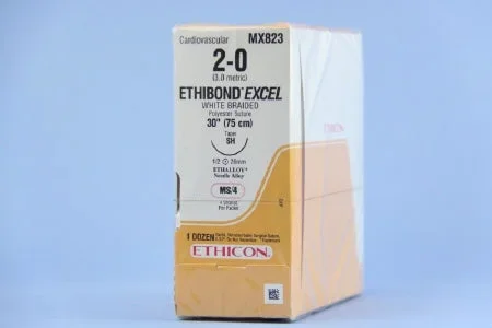 J & J Healthcare Systems Ethibond Suture with Needle Nonabsorbable Coated White Suture Braided Polyester Size 2-0 30 Inch Suture 1-Needle 26 mm Length 1/2 Circle Taper Point Needle – X823