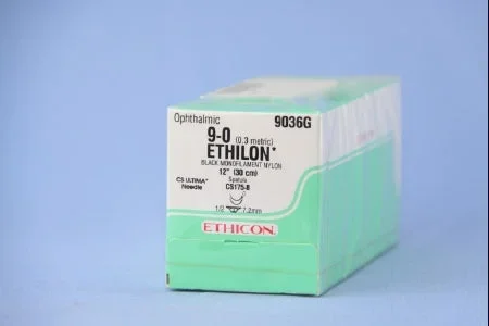J & J Healthcare Systems Ethilon Suture with Needle Nonabsorbable Uncoated Black Suture Monofilament Nylon Size 9-0 12 Inch Suture Double-Armed 7 mm Length 1/2 Circle Spatula Needle – 9036G