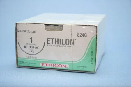 J & J Healthcare Systems Ethilon Suture with Needle Nonabsorbable Uncoated Black Suture Monofilament Nylon Size 1 60 Inch Suture Double-Armed 65 mm Length 1/2 Circle Taper Point Needle – 824G