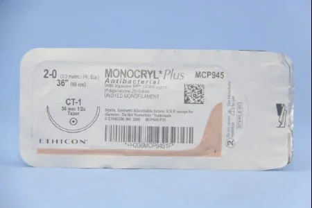 J & J Healthcare Systems Monocryl Plus Antibacterial Suture with Needle Absorbable Uncoated Undyed Suture Poliglecaprone 25 with Irgacare MP Antibacterial Suture Size 2-0 36 Inch Suture 1-Needle 36 mm Length 1/2 Circle Taper Point Needle – CP945H