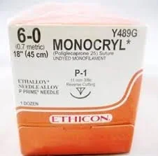 J & J Healthcare Systems Monocryl Suture with Needle Absorbable Uncoated Undyed Suture Monofilament Poliglecaprone Size 6-0 18 Inch Suture 1-Needle 13 mm Length 3/8 Circle Precision Point – Reverse Cutting Needle – Y492G