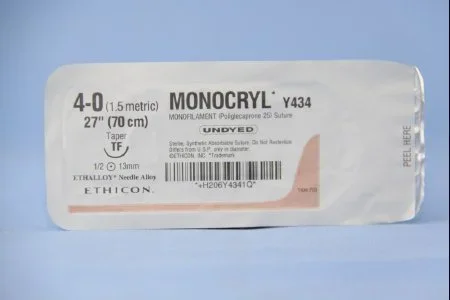 J & J Healthcare Systems Monocryl Suture with Needle Absorbable Uncoated Undyed Suture Monofilament Poliglecaprone Size 4-0 27 Inch Suture 1-Needle 13 mm Length 1/2 Circle Taper Point Needle – Y434H