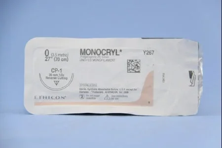 J & J Healthcare Systems Monocryl Suture with Needle Absorbable Uncoated Undyed Suture Monofilament Poliglecaprone Size 0 27 Inch Suture 1-Needle 36 mm Length 1/2 Circle Reverse Cutting Needle – Y267H