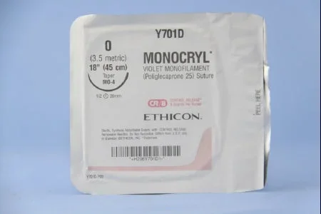 J & J Healthcare Systems Monocryl Suture with Needle Absorbable Uncoated Violet Suture Monofilament Poliglecaprone Size 0 18 Inch Suture 1-Needle 36.4 mm Length 1/2 Circle Taper Point Needle – Y701D