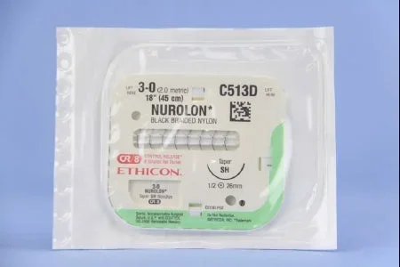 J & J Healthcare Systems Nurolon Suture with Needle Nonabsorbable Coated Black Suture Braided Nylon Size 3-0 18 Inch Suture 1-Needle 26 mm Length 1/2 Circle Taper Point Needle – C513D