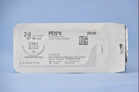 J & J Healthcare Systems PDS II Suture with Needle Absorbable Uncoated Violet Suture Monofilament Polydioxanone Size 2-0 36 Inch Suture 1-Needle 36.4 mm Length 1/2 Circle Blunt Point Needle – ZB345