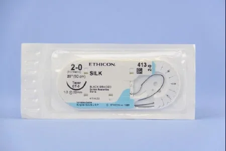 J & J Healthcare Systems Perma-Hand Suture with Needle Nonabsorbable Coated Black Suture Braided Silk Size 2-0 20 Inch Suture 1-Needle 22 mm Length 1/2 Circle Taper Point Needle – 413H