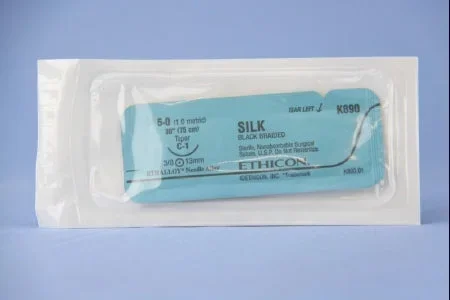 J & J Healthcare Systems Perma-Hand Suture with Needle Nonabsorbable Coated Black Suture Braided Silk Size 5-0 30 Inch Suture 1-Needle 13 mm Length 3/8 Circle Taper Point Needle – K890H