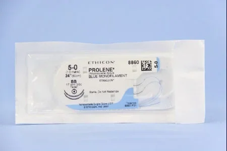 J & J Healthcare Systems Prolene Suture with Needle Nonabsorbable Uncoated Blue Suture Monofilament Polypropylene Suture Size 5-0 24 Inch Suture Double-Armed 17 mm Length 3/8 Circle Taper Point Needle – 8860H
