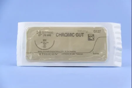 J & J Healthcare Systems Suture with Needle Absorbable Uncoated Undyed Suture Chromic Gut Size 2-0 27 Inch Suture 1-Needle 36.4 mm Length 1/2 Circle Taper Point Needle – G127H