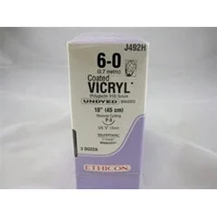 J & J Healthcare Systems Suture with Needle Coated Vicryl Absorbable Coated Undyed Suture Braided Polyglactin 910 Size 6 – 0 18 Inch Suture 1-Needle 13 mm Length 3/8 Circle Reverse Cutting Needle
