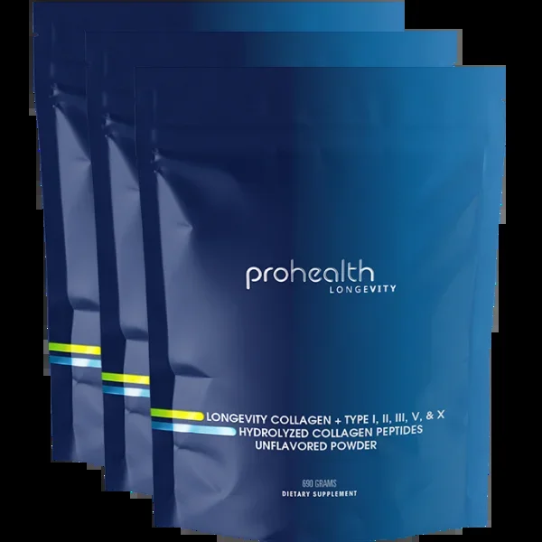 Longevity Collagen + TYPE I, II, III, V, & X Hydrolyzed Collagen Peptides Unflavored Powder – 690 grams – 3 pack