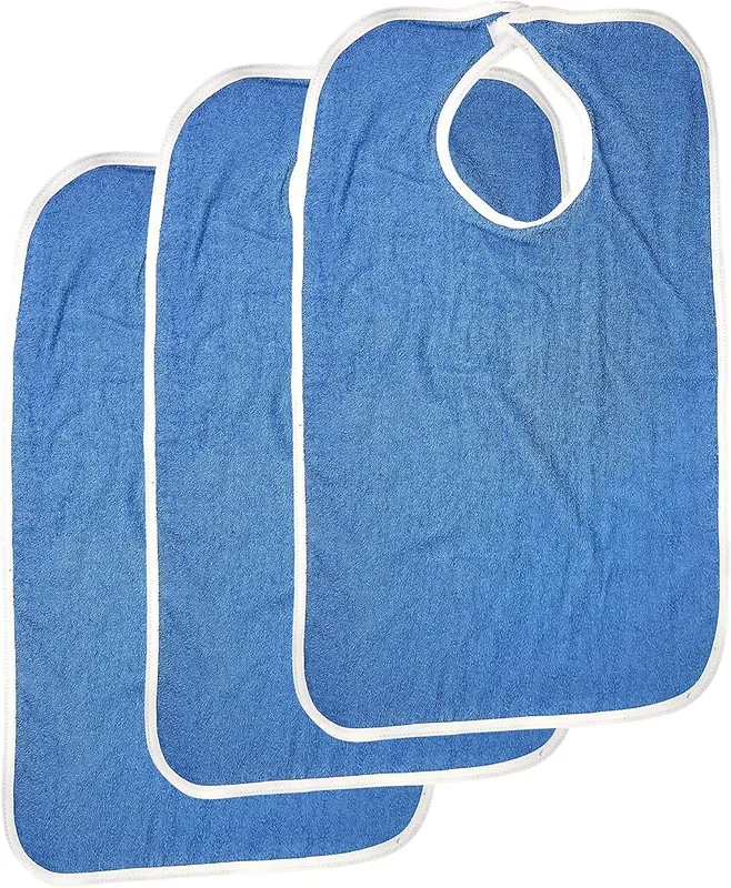 Mars Wellness Terry Adult Bibs 3 Pack – Large 18X30 Terry Cloth Bib for Adults – Elderly, Seniors, Disabled, Blue Clothing Protector for Men or Women