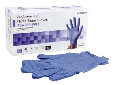 McKesson McKesson Confiderm 3.5C Exam Glove X-Large NonSterile Nitrile Standard Cuff Length Textured Fingertips Blue Chemo Tested – 14-6980C