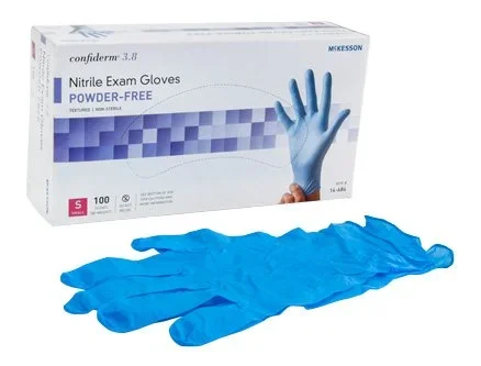 McKesson McKesson Confiderm 3.8 Exam Glove Small NonSterile Nitrile Standard Cuff Length Textured Fingertips Blue Not Chemo Approved – 14-684