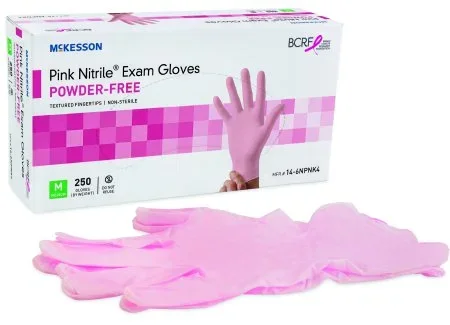 McKesson McKesson Pink Nitrile Exam Glove Medium NonSterile Nitrile Standard Cuff Length Textured Fingertips Pink Not Chemo Approved – 14-6NPNK4