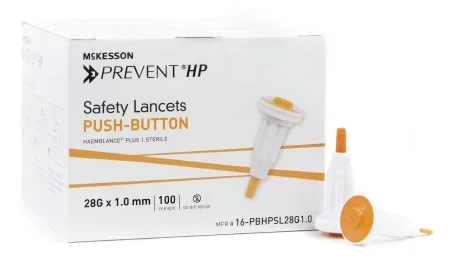 McKesson McKesson Prevent Safety Lancet Fixed Depth Lancet Needle 1.0 mm Depth 28 Gauge Push Button Activated – 16-PBHPSL28G1.0