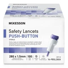 McKesson Safety Lancet 28 Gauge Retractable Push Button Activation Finger, 100/BX