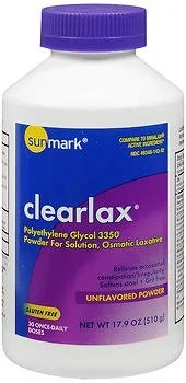 McKesson sunmark clearlax Laxative Unflavored Powder 17.9 oz. 17 Gram Strength Polyethylene Glycol 3350 – 49348014392