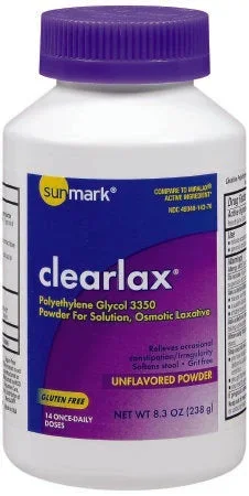 McKesson sunmark clearlax Laxative Unflavored Powder 8.3 oz. 17 Gram Strength Polyethylene Glycol 3350 – 49348014370