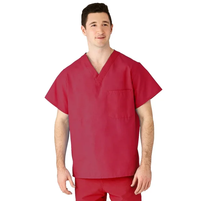 Medline AngelStat Unisex Reversible V Neck 2 Pocket Scrub Top With Angelica – Raspberry
