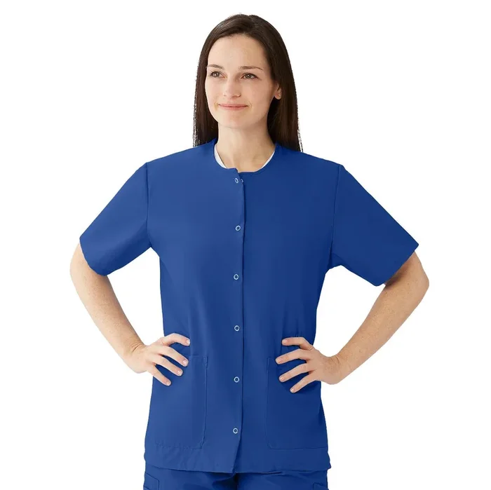Medline AngelStat Women’s Jewel Neck Short Sleeve Snap Front Scrub Tops With 2 Pockets Sapphire