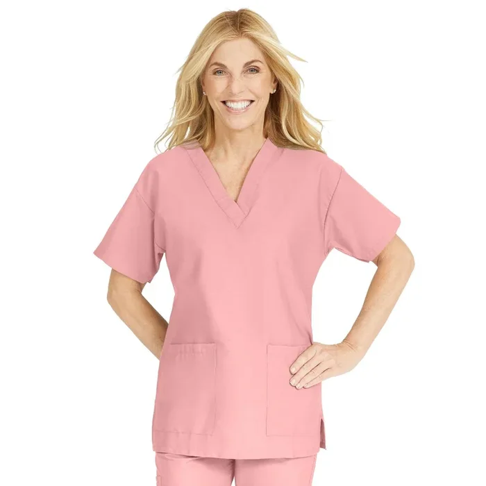 Medline ComfortEase Women’s V-Neck Tunic Scrub Top with 2 Pockets – Pink