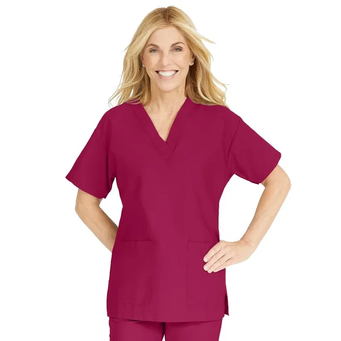 Medline ComfortEase Women’s V-Neck Tunic Scrub Top with 2 Pockets – Ruby