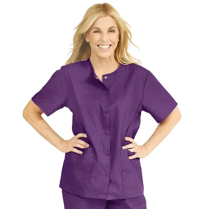 Medline ComfortEase Women Snap Front Tunic Scrub Top with 2 Pockets – Purple