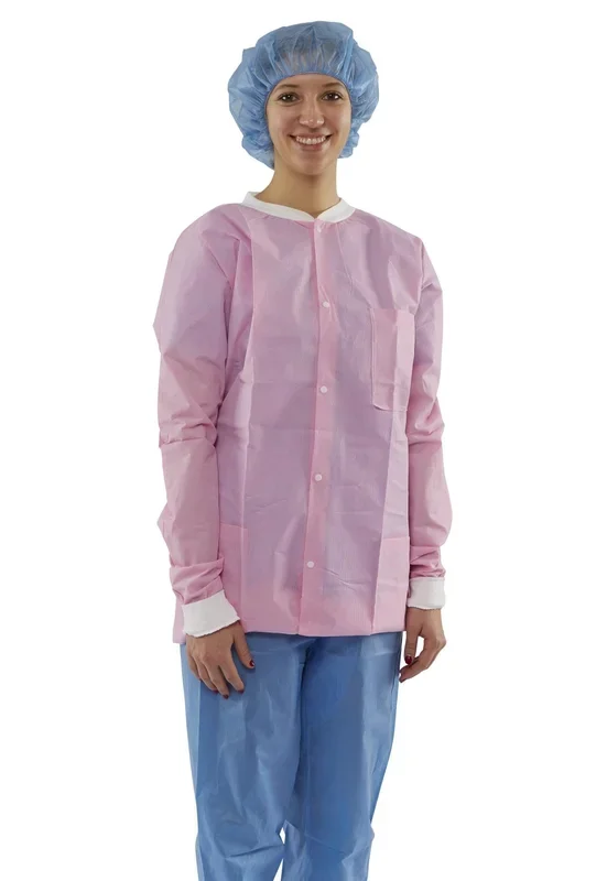 Medline Disposable Knit Cuff / Collar Multilayer Lab Jackets Pink – 30 Per Case